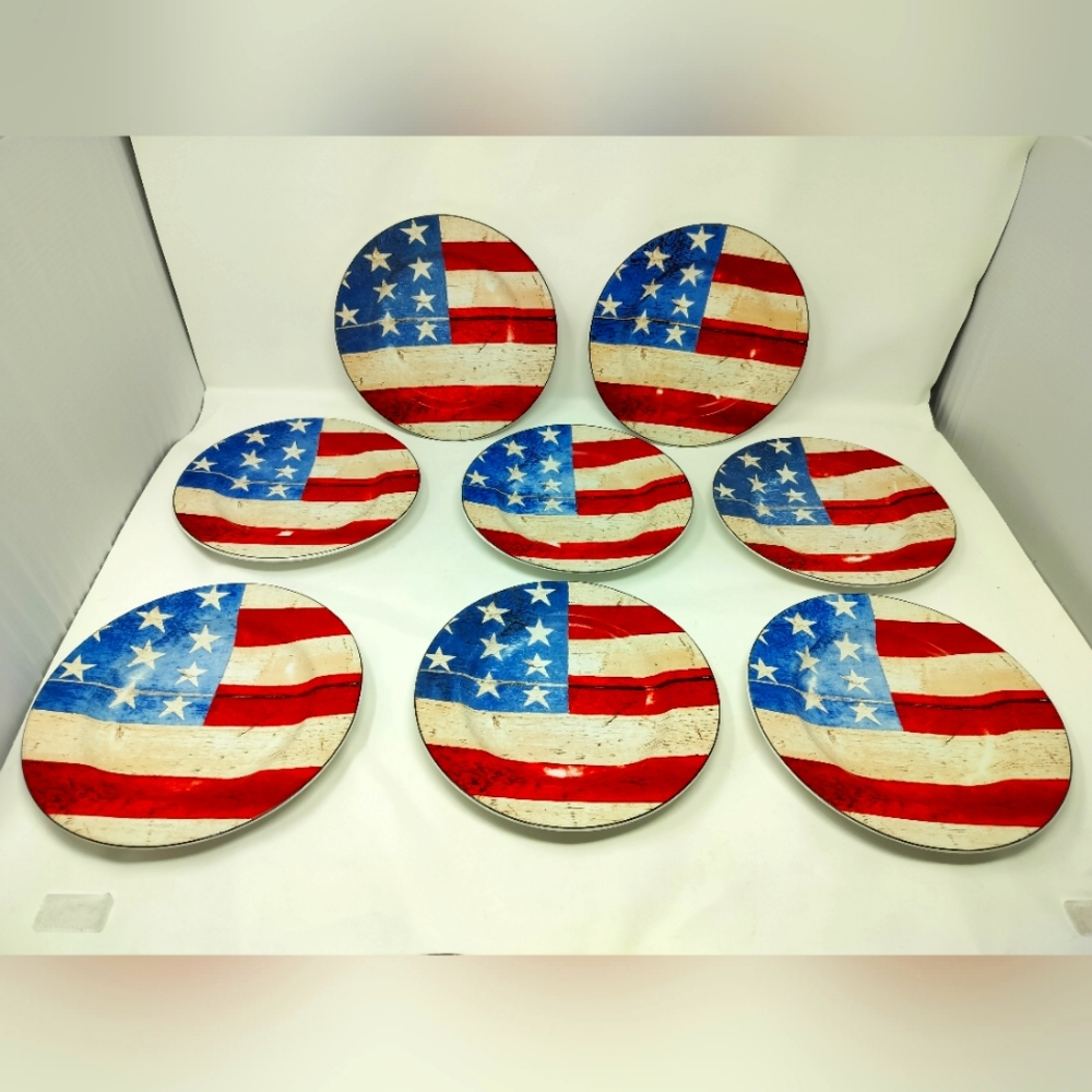 8 Vintage Sakura Warren Kimble Colonial 8 Inch Plates Flag On Worn Wood Design